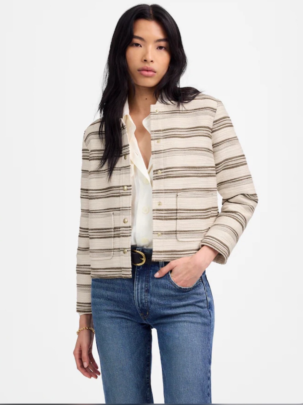 NWT Madewell Button-Front Jacket in Striped Tweed Safari Khaki Stripe Size Small
